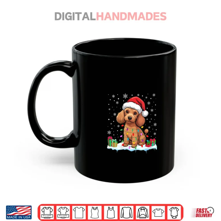 Mug Poodle Dog Christmas Lights Decor Funny Santa Hat Ugly Xmas Shirt