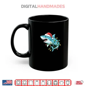 Mug Christmas Shark Santa Hat Wrapped in Lights Funny Xmas Shark Shirt