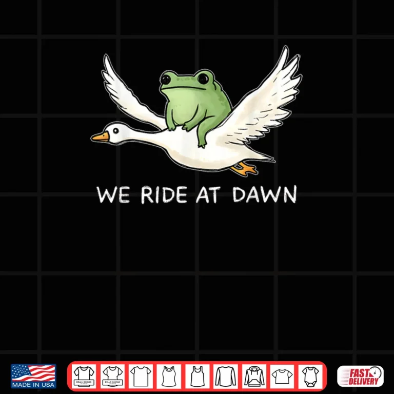 Design We Ride at Dawn Funny Frog Riding Goose Chaotic Animal Shirt