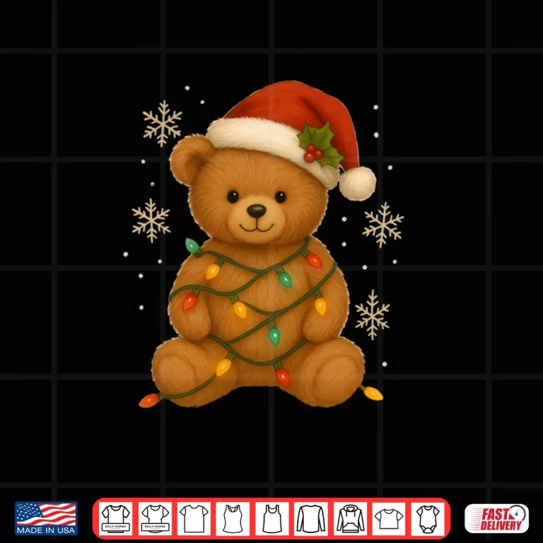 Design Teddy Bear Christmas Tree Lights Santa Hat for Bears Xmas Shirt 1