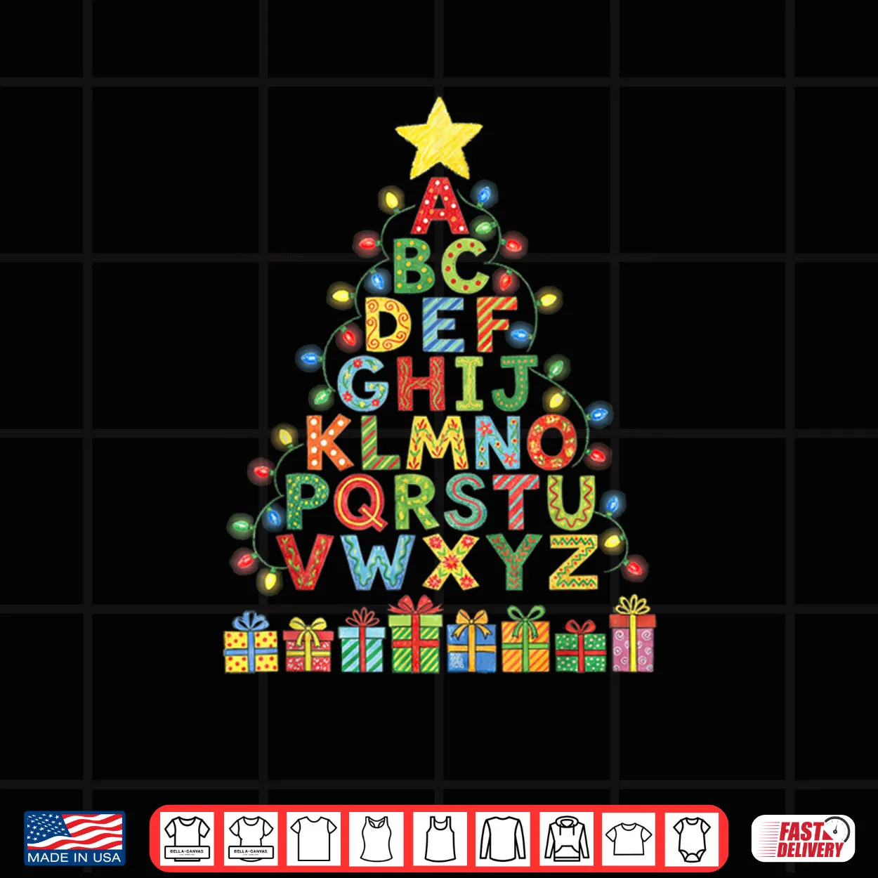 Alphabet Christmas Tree Graphic ABC A Z Teacher Shirt Alphabet Christmas Tree Graphic ABC A Z Teacher Shirt