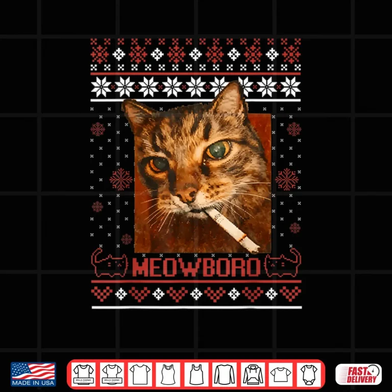 Design Meowboro Smoking Cat Christmas Ugly Sweater Meme Cat Shirt 1