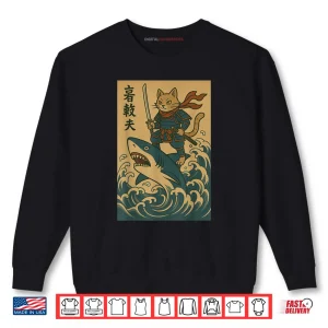 Sweatshirt Cat Samurai Riding Shark Great Wave Japanese Anime Shirt