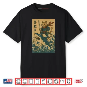 Cat Samurai Riding Shark Great Wave Japanese Anime Shirt