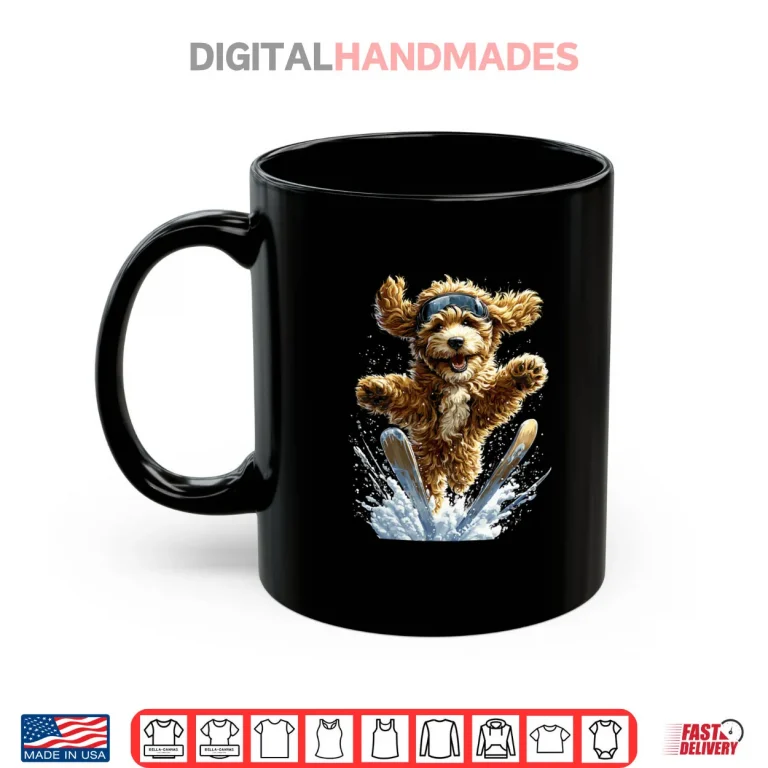 Mug Skiing Goldendoodle in Snow and Snowflakes Snowy Winter Dog Shirt