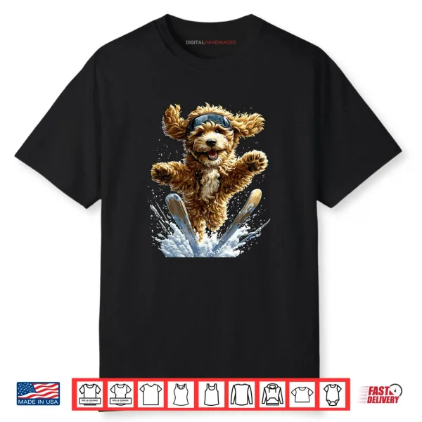Skiing Goldendoodle in Snow and Snowflakes Snowy Winter Dog Shirt