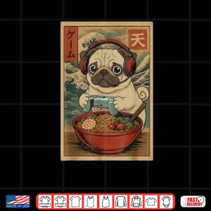 Design Gamer Pug Ramen Retro Japanese Pug Gaming Shirt
