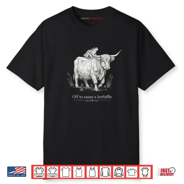 Off to Cause a Kerfuffle Funny Highland Cow Frog Art Zip Shirt