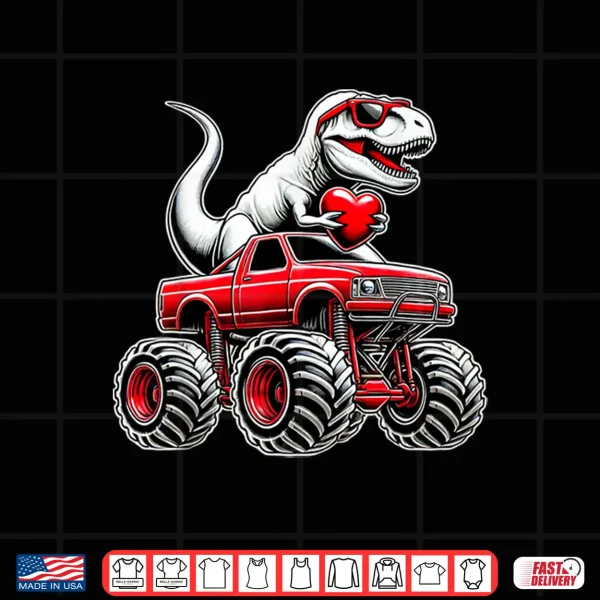 Design Valentines Day T Rex Riding Monster Truck Funny Boys Shirt