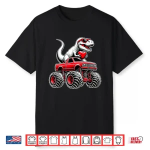 Valentines Day T Rex Riding Monster Truck Funny Boys Shirt