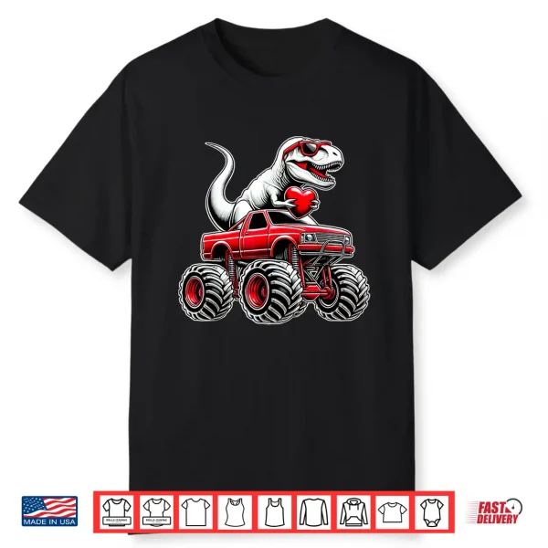 Valentines Day T Rex Riding Monster Truck Funny Boys Shirt