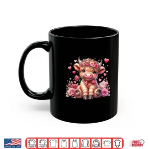 Mug Valentine Highland Cow Print Cute Love Heart Flowers Shirt