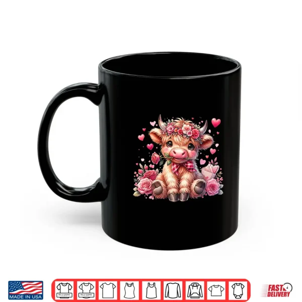 Mug Valentine Highland Cow Print Cute Love Heart Flowers Shirt