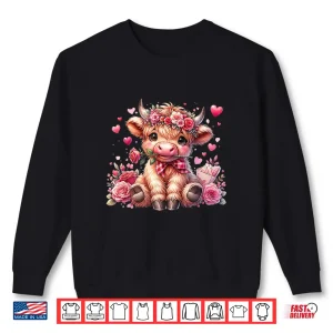 Sweatshirt Valentine Highland Cow Print Cute Love Heart Flowers Shirt