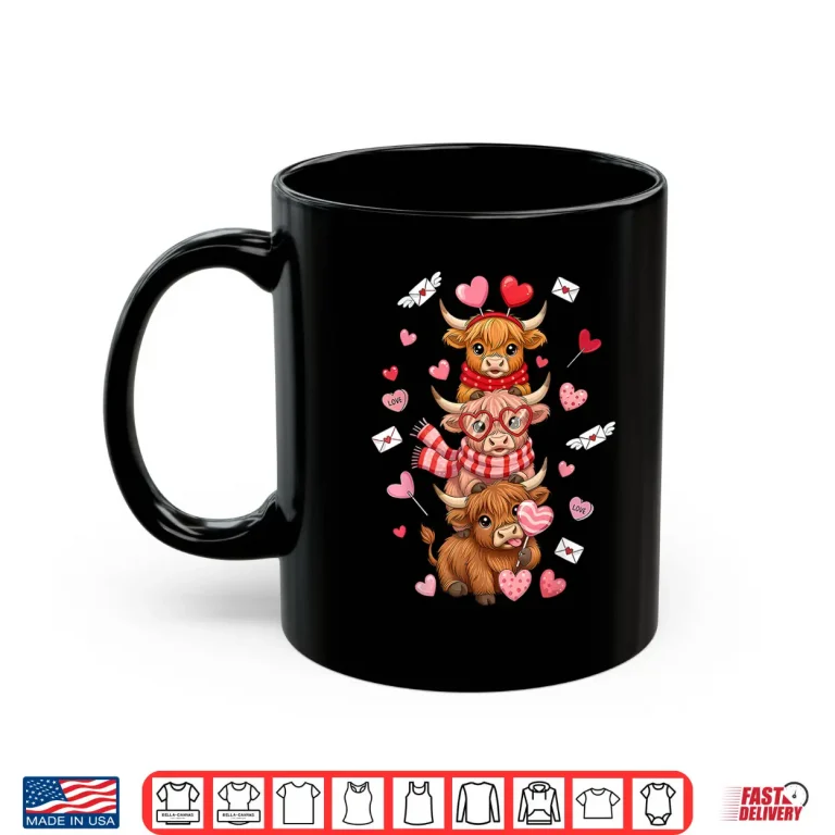 Mug Cute Western Valentine Highland Cows With Hearts Shirt