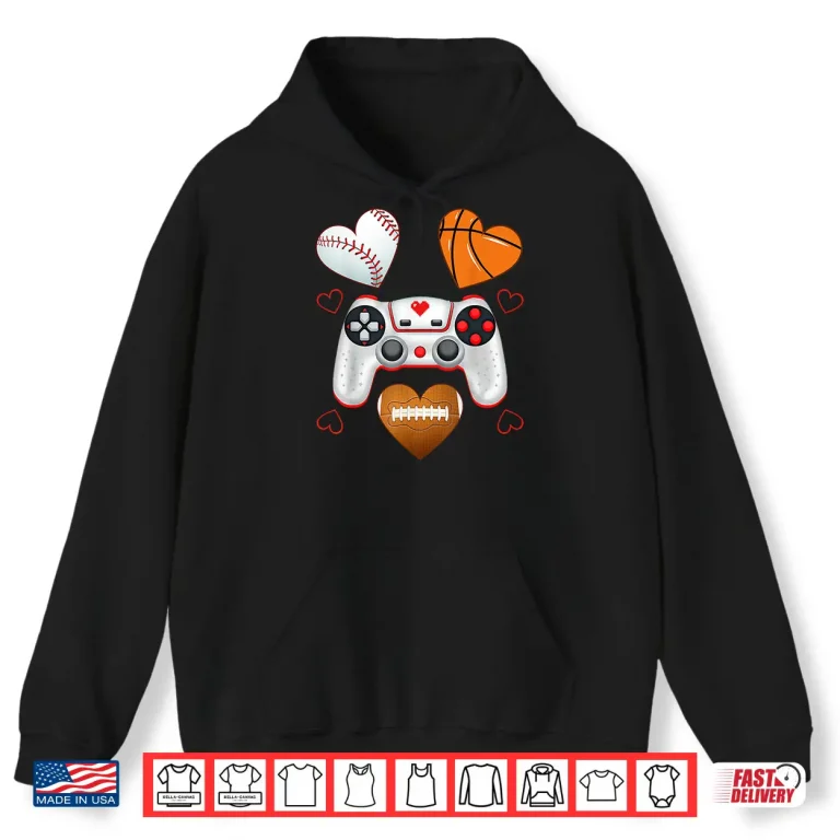 Hoodie Valentines Day Boys Men Hearts Gaming Basketball Baseball Shirt
