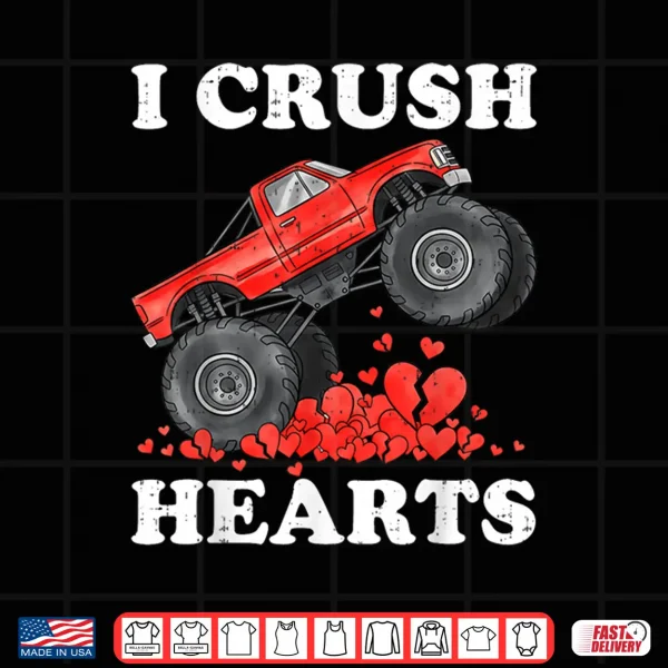 Design Monster Truck Teens Kids Boys I Crush Heart Valentines Day Shirt