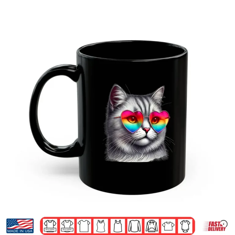 Mug Cute Valentines Day Grey Cat Heart Sunglasses Women Men Tee Shirt