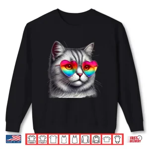 Sweatshirt Cute Valentines Day Grey Cat Heart Sunglasses Women Men Tee Shirt
