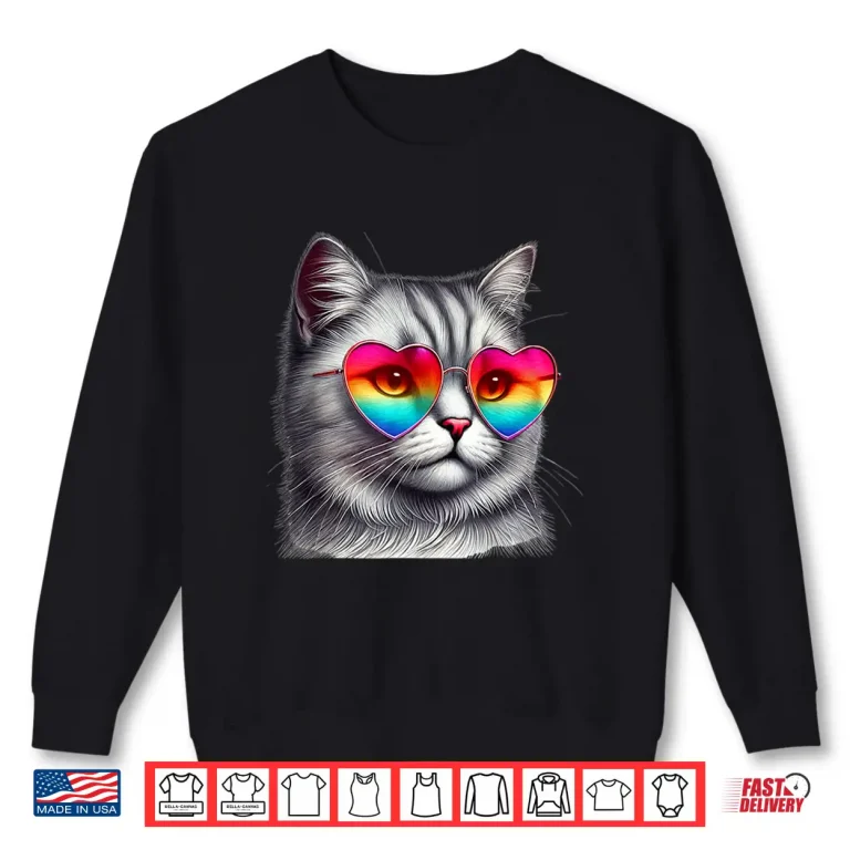 Sweatshirt Cute Valentines Day Grey Cat Heart Sunglasses Women Men Tee Shirt