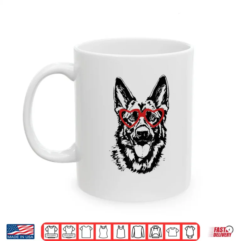 Mug ValentineS Day German Shepherd With Heart Glasses Love Art Shirt