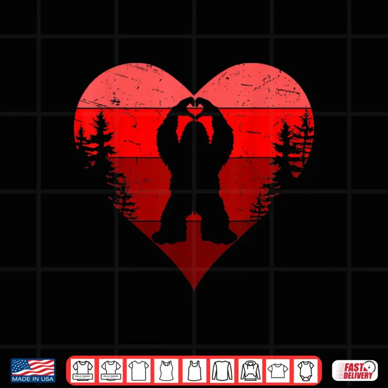 Design Retro Funny Bigfoot Sasquatch Heart Love Valentine Boy Men Shirt