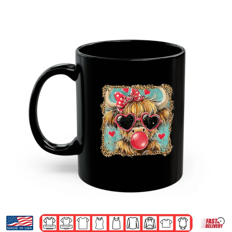 Mug Highland Cow Valentine Coquette Valentine Heart Leopard Bow Shirt