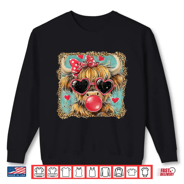 Sweatshirt Highland Cow Valentine Coquette Valentine Heart Leopard Bow Shirt