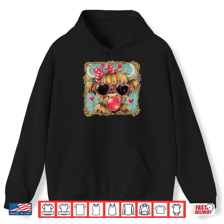 Hoodie Highland Cow Valentine Coquette Valentine Heart Leopard Bow Shirt