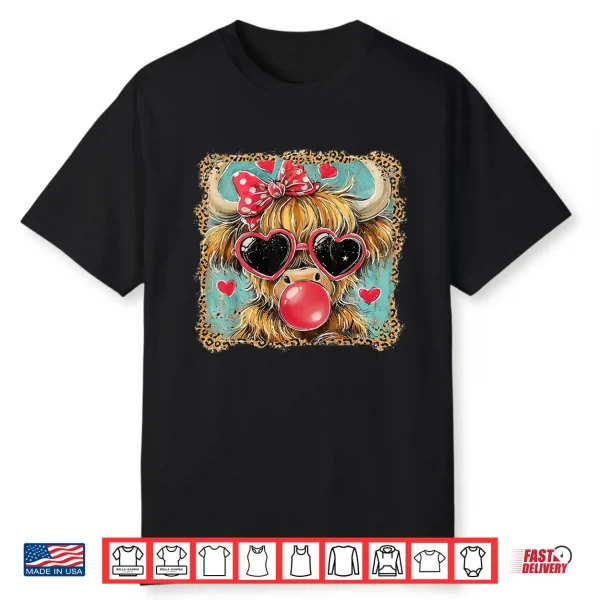 Highland Cow Valentine Coquette Valentine Heart Leopard Bow Shirt