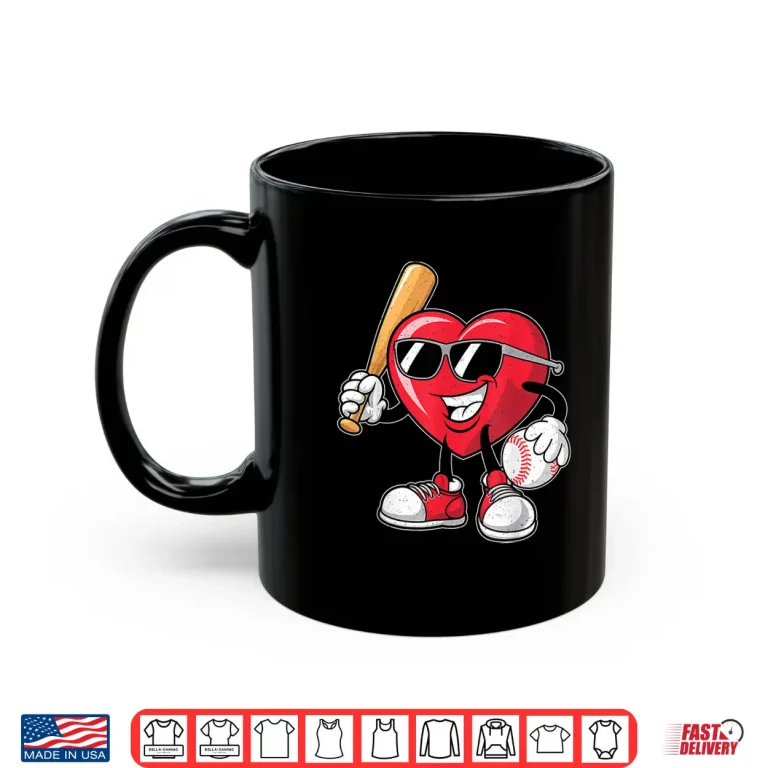 Mug Funny Heart Playing Baseball Valentines Day Boys Girls Kids Shirt