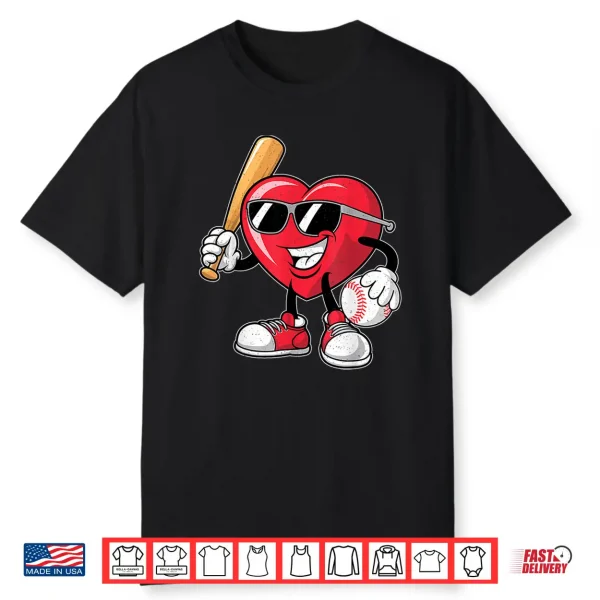 Funny Heart Playing Baseball Valentines Day Boys Girls Kids Shirt