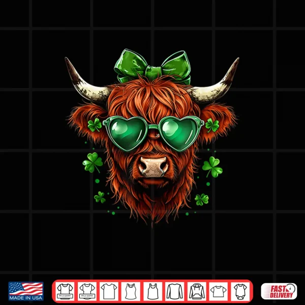 Design Highland Cow Shamrock Coquette Bow St PatrickS Day Shirt