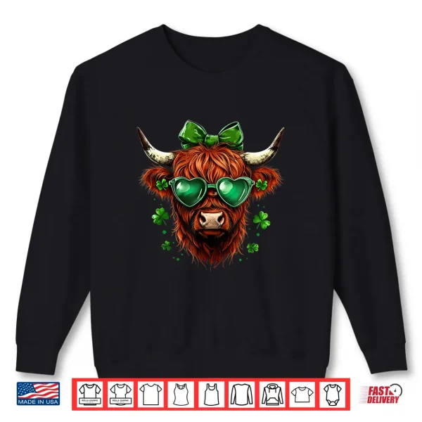 Sweatshirt Highland Cow Shamrock Coquette Bow St PatrickS Day Shirt