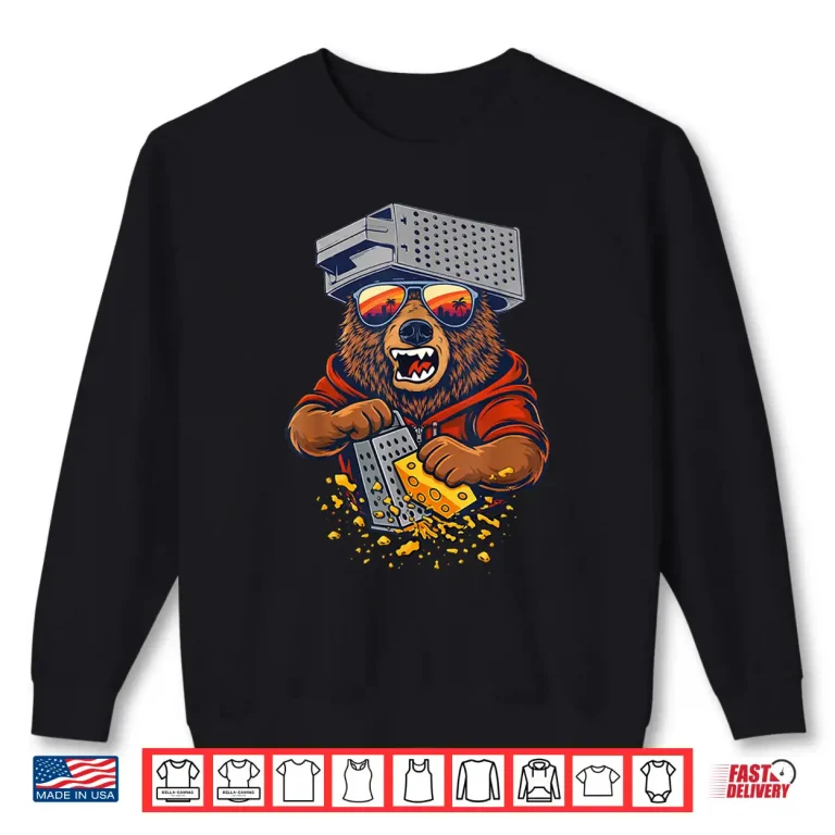 Sweatshirt Retro Bear with Cheese Grater Hat and Sunglasses Sunse Funny Shirt 2