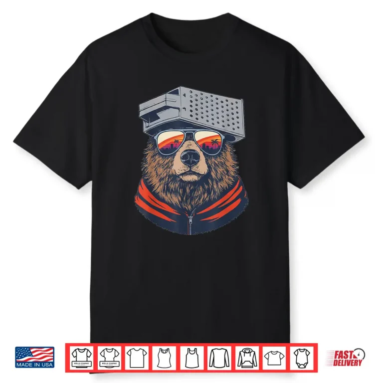 Retro Bear with Cheese Grater Hat and Sunglasses Sunset Art Shirt 4