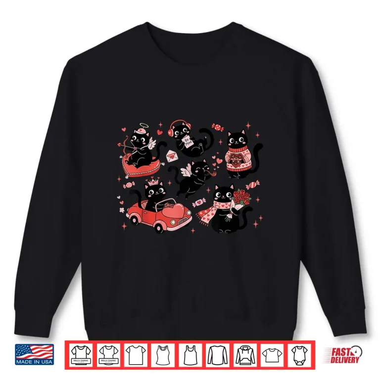 Sweatshirt Retro Black Cat Heart Valentines Day Cute Kitten Lover Shirt