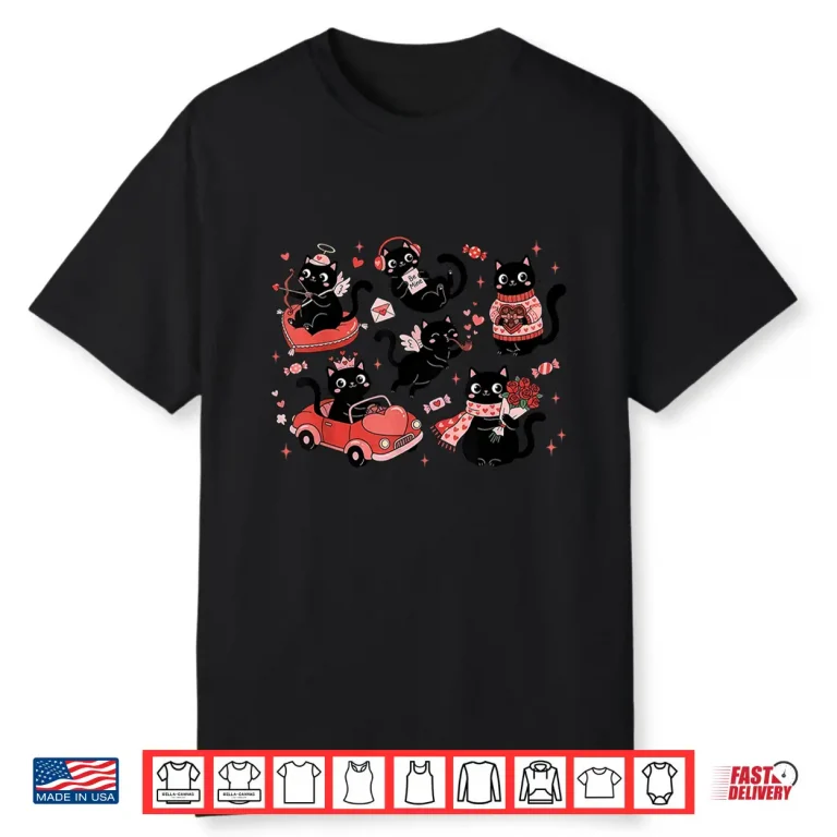 Retro Black Cat Heart Valentines Day Cute Kitten Lover Shirt
