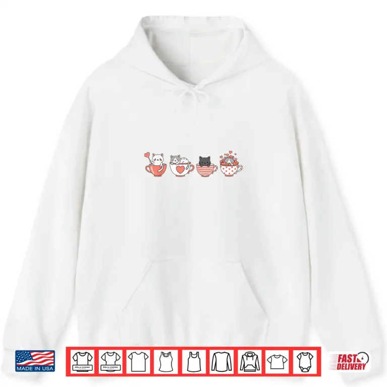 Hoodie Kawaii Cat Cute Valentine Hearts Teacup Kitty Shirt