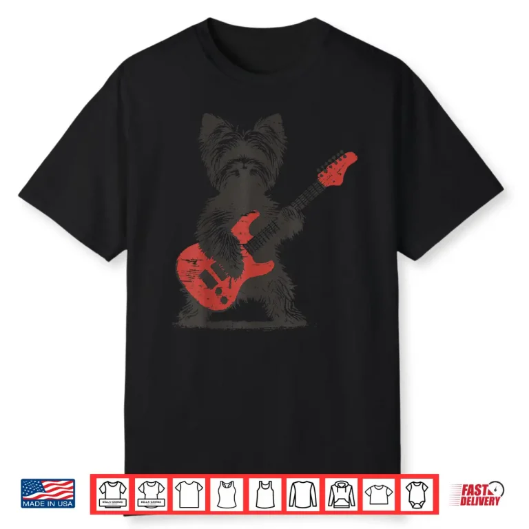 Vintage Yorkie Rock Funny Dog Playing Guitar Rock Style Shirt 1