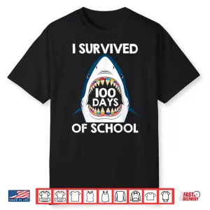 I Survived 100 Days Of School Funny Shark Teacher Kids Shirt