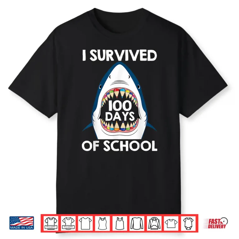 I Survived 100 Days of School Funny Shark Teacher Kids Shirt