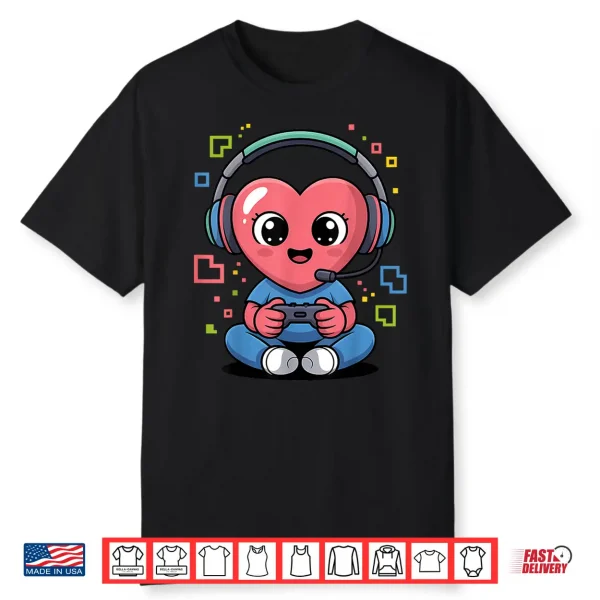 Cute Gamer Heart With Headset And Controller Valentine Shirt