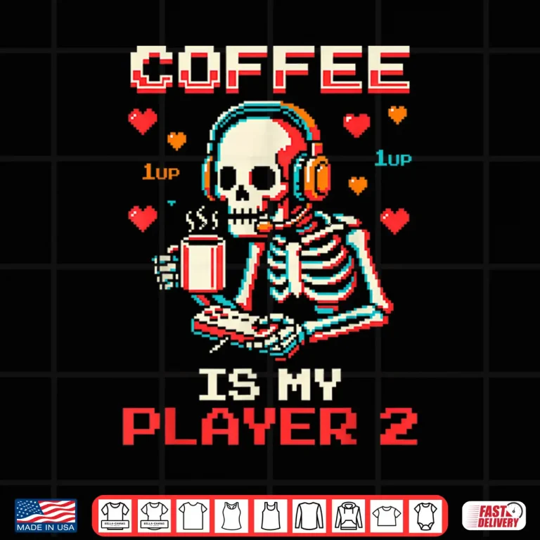 Design Coffee is My Player Two Valentine Gamer Skeleton Pixel Art Shirt