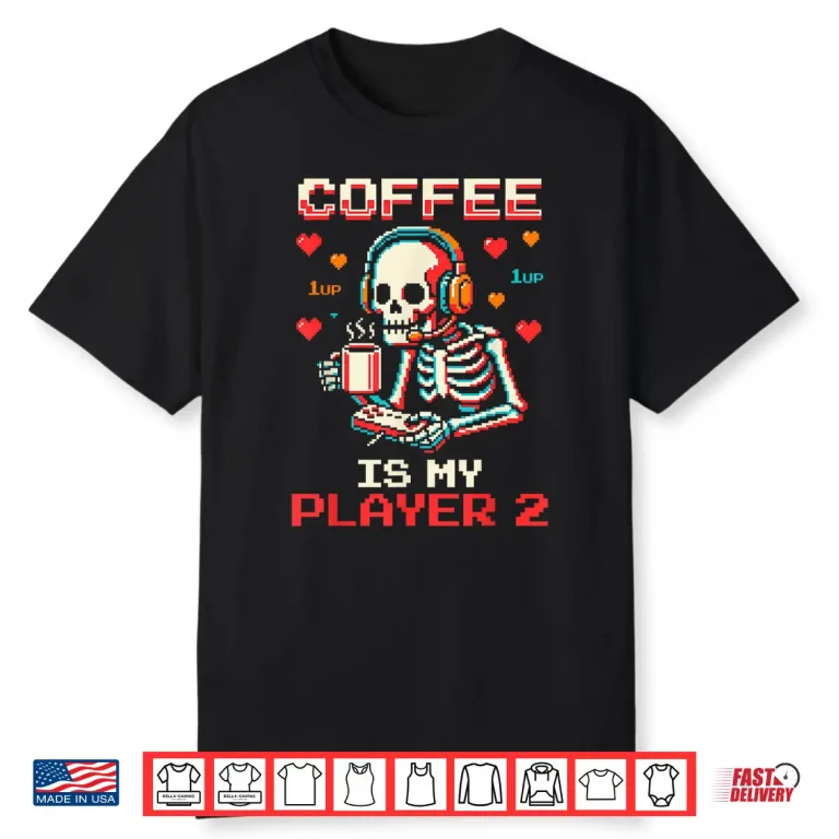 Coffee is My Player Two Valentine Gamer Skeleton Pixel Art Shirt