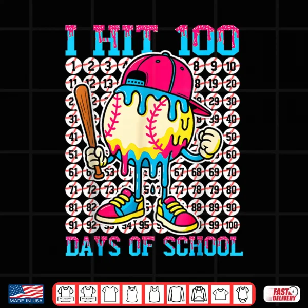 Design Baseball Ice Cream Drip 100 Days of School Boys Girls 100th Shirt 1