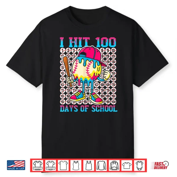 Baseball Ice Cream Drip 100 Days of School Boys Girls 100th Shirt 1