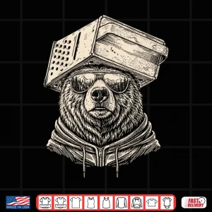 Design Retro Bear Wearing Cheese Grater Hat with Sunglasses Funny Shirt
