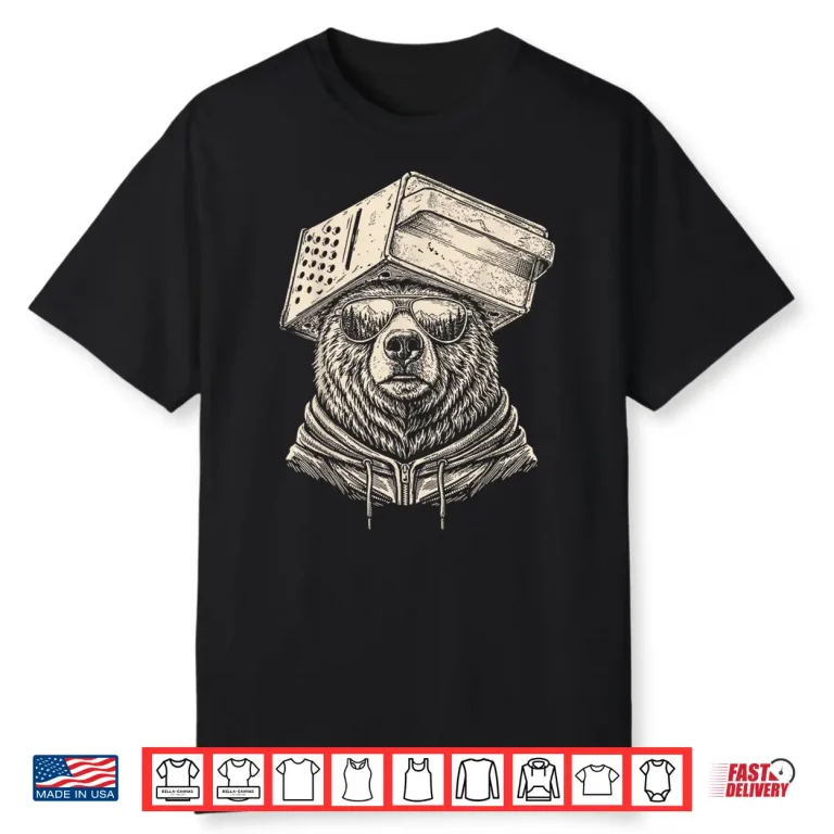 Retro Bear Wearing Cheese Grater Hat with Sunglasses Funny Shirt