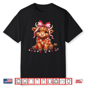 Cute Highland Cow Pink Bow Coquette Red Heart Valentine Shirt